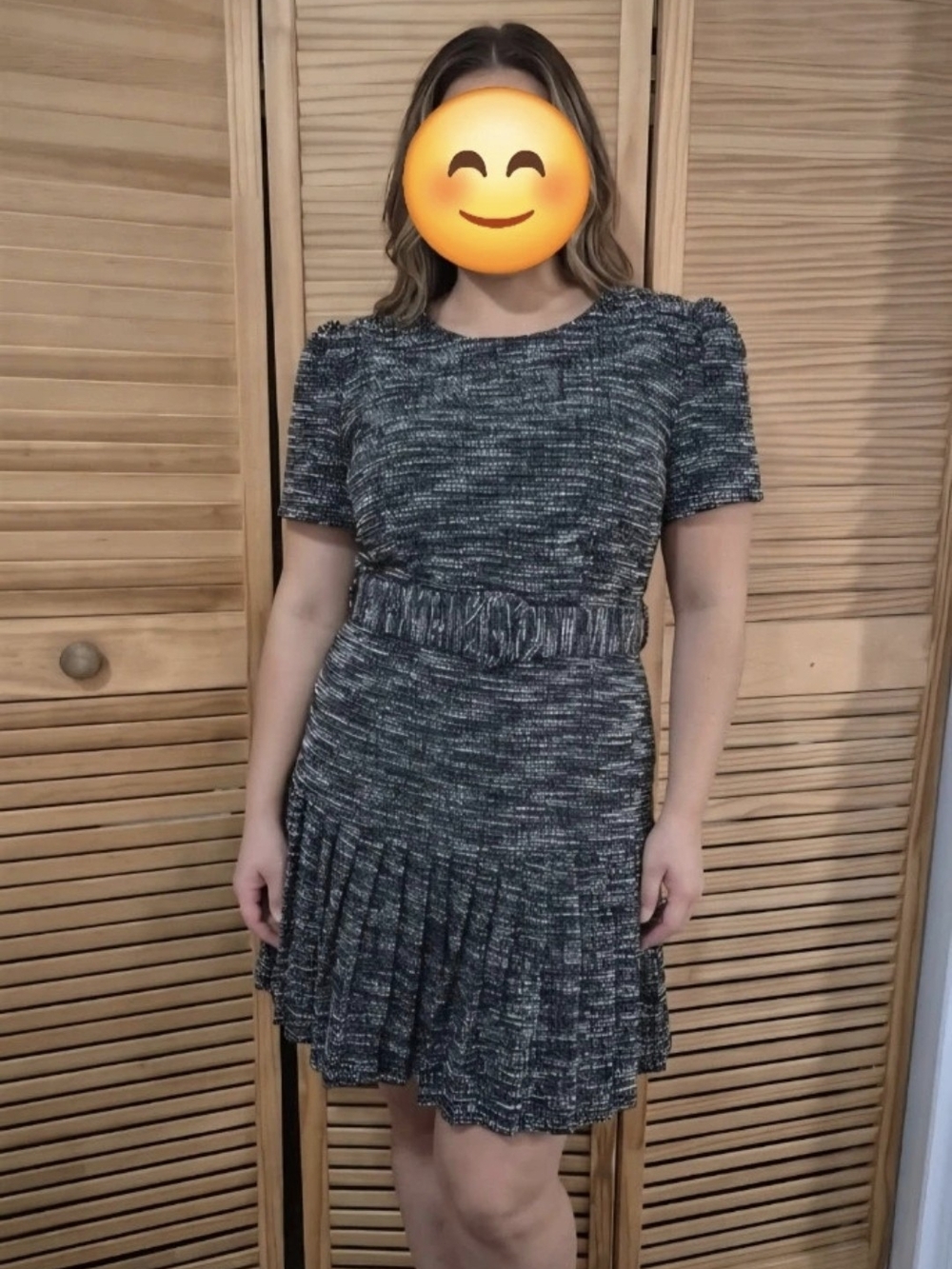 Textured Black and White Short-Sleeve Pleated Waist Dress